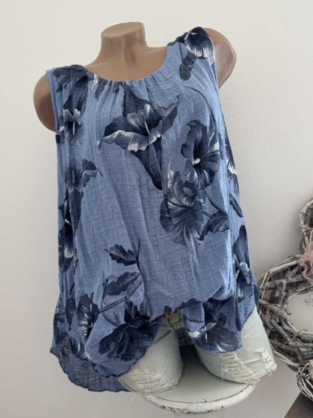 Ärmelloses Tunika Top 2-lagig 38-44 jeansblau floral Made in Italy Musselin Baumwolle Neu