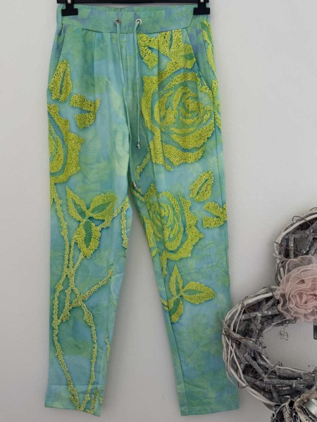 MISSY XL 42 Joggpants Hose Mint/Limette Rosen Print Glitzernieten Neu