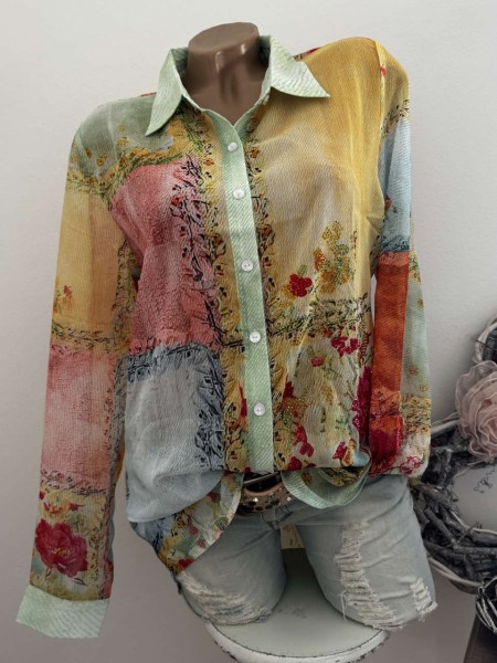 Tunika Bluse MISSY S 36 Langarm Patchwork Mix Neu Glitzersteinchen ausgefallene Mode