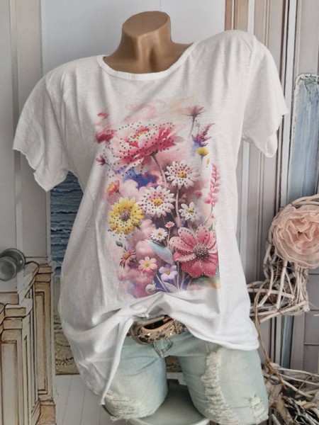 T-Shirt Tunika Blumenmotiv weiss bunt Baumwolle Nieten Made in Italy 36 38 40 42