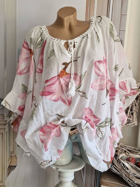 weite Ärmel coralle floral Tunika Bluse 38-48 Baumwolle Made in Italy