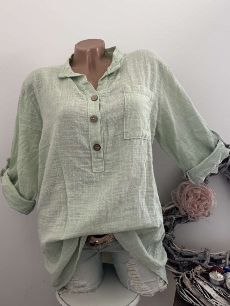 Tunika Hemdbluse Bluse salbeigrün Made in Italy 40-44 Musselin Leinenoptik