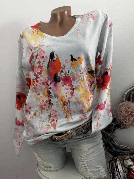 MISSY Pulli S/M 36 38 Pullover Neue Kollektion Aquarell Vogel Floral Print Glitzer Nieten
