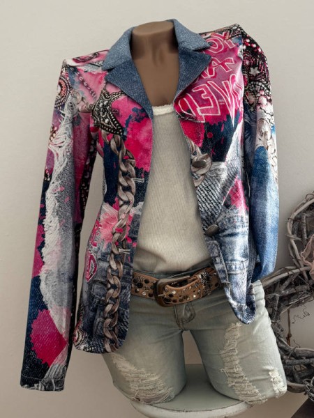 Blazer MISSY Jackett M 38 Jeansoptik rosa pink Ketten Graffiti Print Neue Kollektion