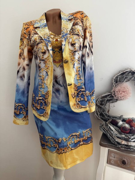 Etuikleid M 38 MISSY Stretchkleid Kleid NEU Brokatprint blau weiss gelb Glitzer Steinchen