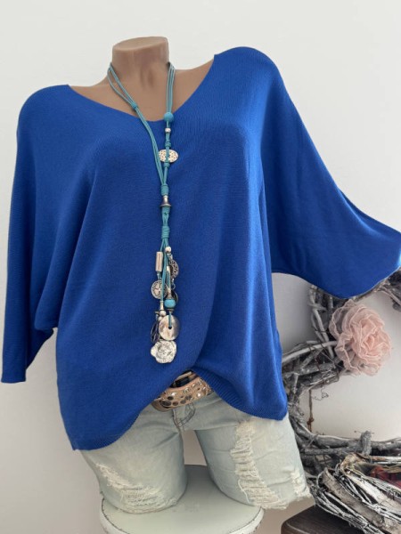 Tunika Glattstrick royalblau Pullover Oversized Italy 38-42 Fledermausarm 1/2 Arm