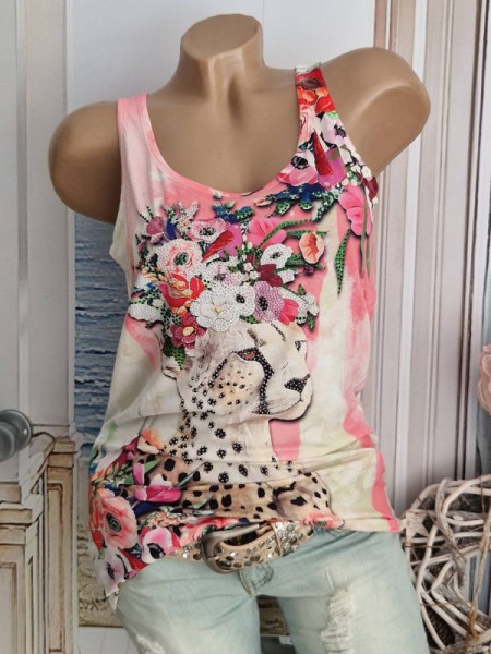Longtop MISSY S 36 Top NEU Trägertop rosa pink bunt Tiger Mix Print Glitzernieten