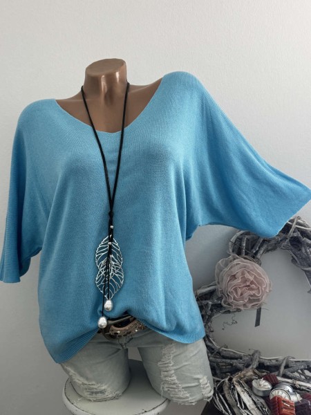 türkis Oversized Italy 38-42 Fledermausarm Tunika Glattstrick Pullover 1/2 Arm