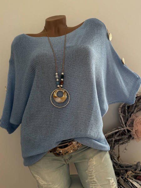 blau Tunika Feinstrick offene Schultern Pullover Oversized Made in Italy 36-40 Fledermausarm