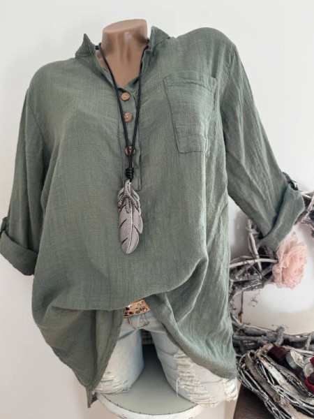 Tunika Hemdbluse Bluse oliv Made in Italy 40-44 Musselin Leinenoptik