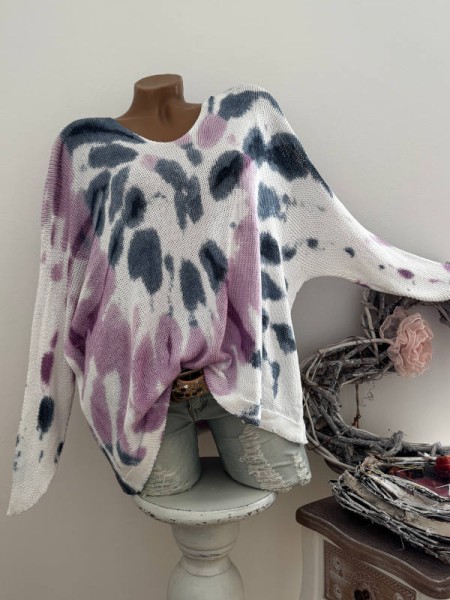 Feinstrick 40-44 Tunika Pullover blau lila weiss Batik Muster NEU Made in Italy