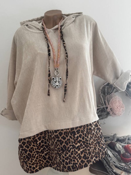 Velour Tunika Sweatshirt Made in Italy Hoodie 40-44 NEU Pullover beige mit Leo
