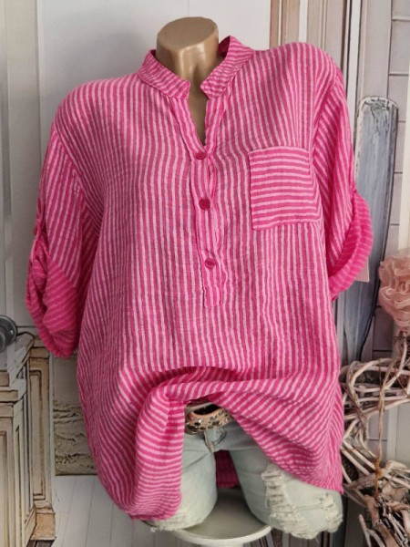 zart gestreifte Tunika Made in Italy pink Bluse Brusttasche Musselin Baumwolle 38-44