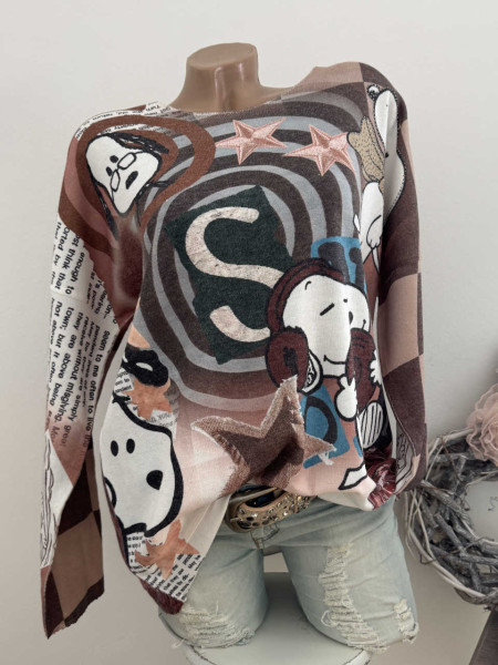 Longsleeve Feinstrick Tunika braun versch. Comic gemustert 40-44 Made in Italy
