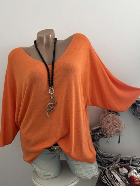 Oversized Italy 38-42 Fledermausarm orange Tunika Glattstrick Pullover 1/2 Arm