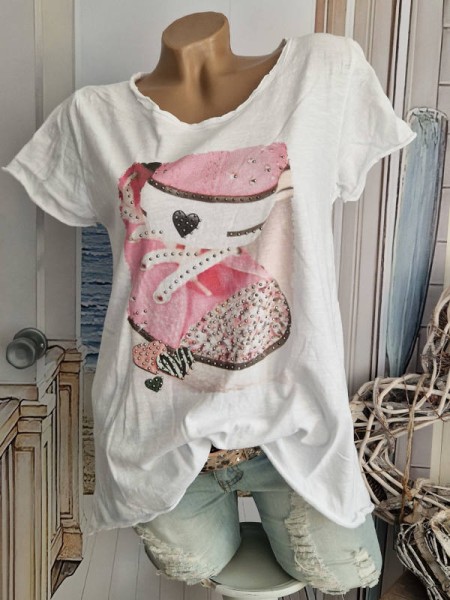T-Shirt Made in ITALY 36-40/42 rosa Herz Sneakers Print Tunika Baumwolle Nieten