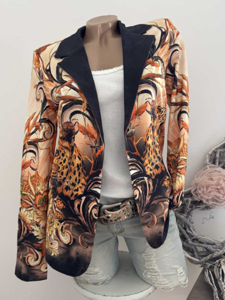 Blazer MISSY Jackett M 38 Leo barocke Elemente Schwarz Orange Goldtöne NEU Glitzersteinchen