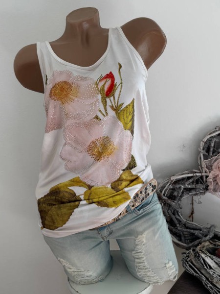 MISSY Top M 38 Longtop Trägertop weiss Blüten Print Glitzer Nieten Neu