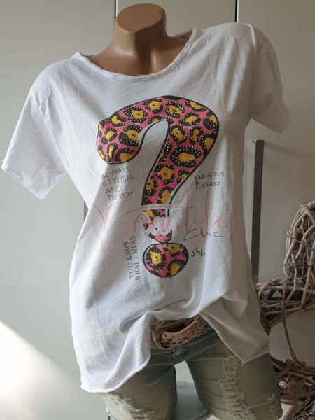 36-40 Tunika weiss Made in Italy T-Shirt Trend Fashion Leo Glitzer NEU Rollbündchen