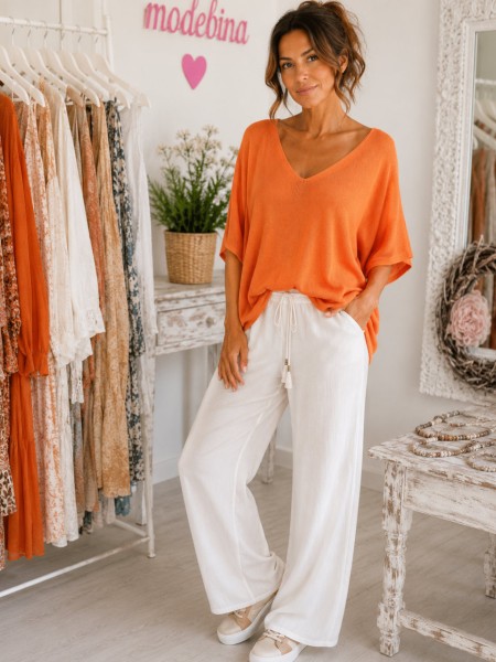 Oversized Italy 38-42 Fledermausarm orange Tunika Glattstrick Pullover 1/2 Arm