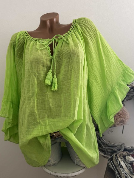 Tunika Bluse leuchtendes limettengrün weite Ärmel Bindebändchen 38-48 Made in Italy Neu