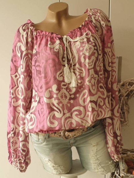 gesmokte Langarm Tunika Ballonbluse Bluse 36-40 Made in Italy pink gemustert