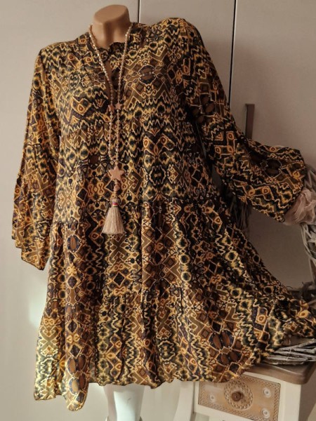 Kleid Made in Italy oliv/khaki/ocker gemustert Tunikakleid Tunika Hängerchen Dress 36-42