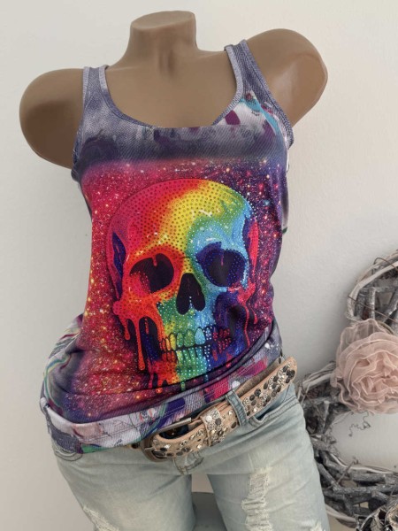 Top XL 42 MISSY Longtop Trägertop Totenkopf Skull Multicolour Glitzer Steinchen Nieten Neu
