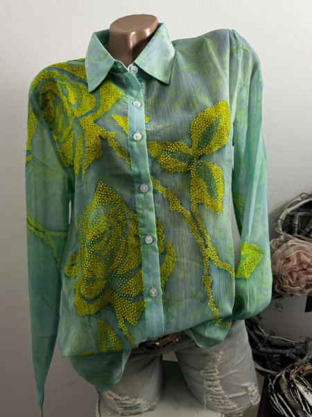 Bluse M 38 Missy Langarm mint/limette Rosen Muster Neue Kollektion Glitzer Nieten