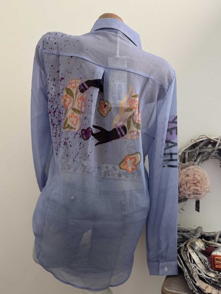 MISSY L 40 Bluse Hemdbluse helllila yeah! Print Neu Glitzer Steinchen