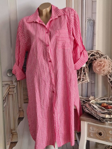 Long Hemdbluse Bluse Hemdblusenkleid Made in Italy pink/weiss Leinenoptik 38-42