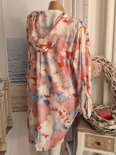 Hoodie Long Tunika Bluse Longbluse 40-44 Kapuze Made in Italy weiss blau pink gemustert NEU