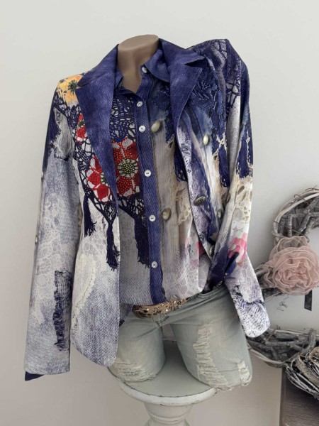 MISSY M 38 Blazer Jackett Glitzernieten Crochet Spitze Destroyed Print Neu