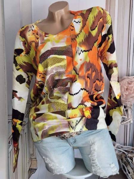 M/L 38 40 MISSY Feinstrickpulli Pullover orange gelb braun gemustert Glitzer Strass Steinchen