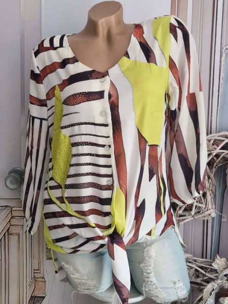 XL 42 Tunika MISSY Bluse Hemdbluse vorne zum binden weiss neongelb braun Streifen Glitzer NEU