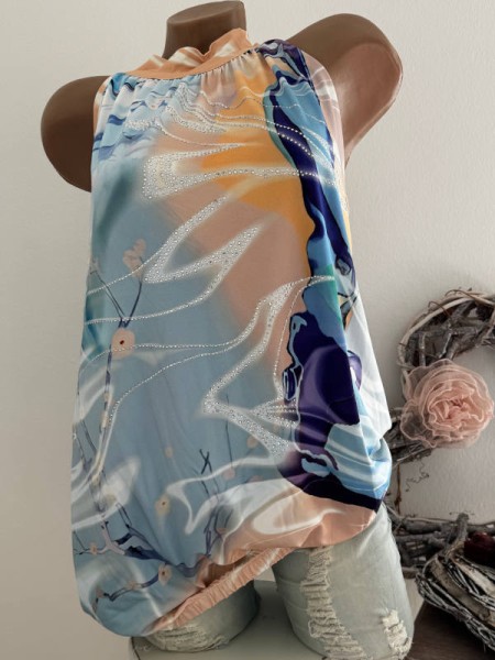 MISSY Top Tunika S 36 Ballonform Saumende Gummizug blau beige Glitzer hinten zum binden