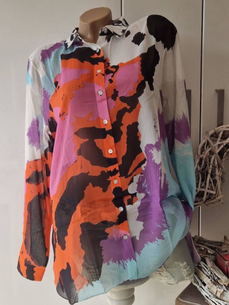 M 38 MISSY Bluse Tunika zum Knöpfen Hemdbluse bunt Glitzer Tiger Print NEU
