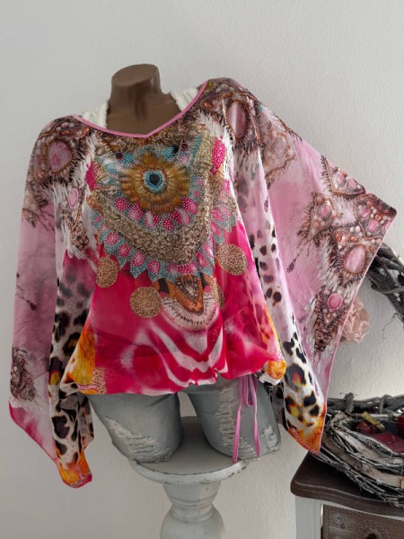 MISSY Chiffon Onesize 38-46 Tunika rosa bunt Boho sehr weite Ärmel Bund seitlich Saumende Tunnelzug