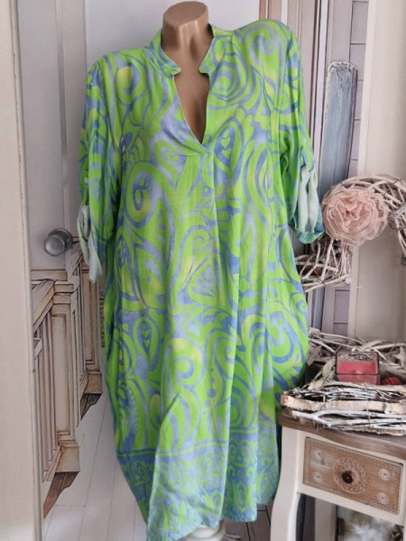Kleid V-Neck 40-44 Tunika mit Taschen neongrün graublau gemustert NEU Made in Italy