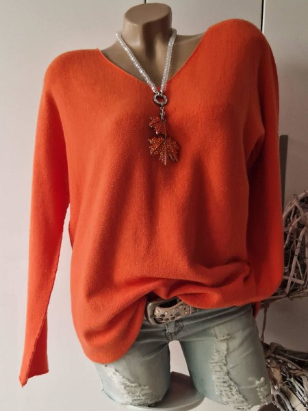 V-Neck Flausch Pullover Pulli orange 38-42 Neu Tunika Made in Italy