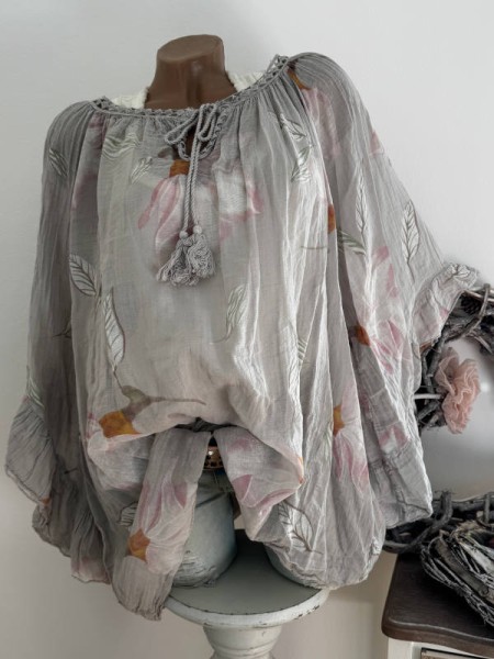 Tunika Bluse 38 40 42 44 46 48 weite Ärmel hellbraun floral Italy NEU