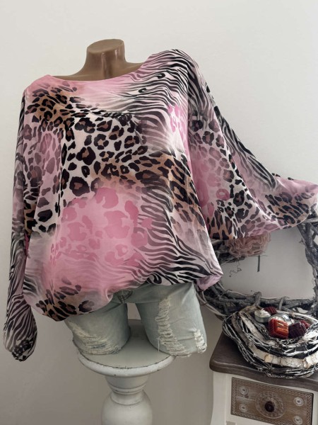 Made in Italy Tunika Fledermausarm Ballonform 36-42 Bluse rosa gemustert Chiffonbluse