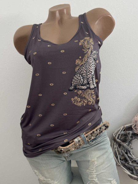 Top MISSY L 40 Trägertop Longtop dunkelgrau Leopard & Paisley Print Glitzer Nieten Neu