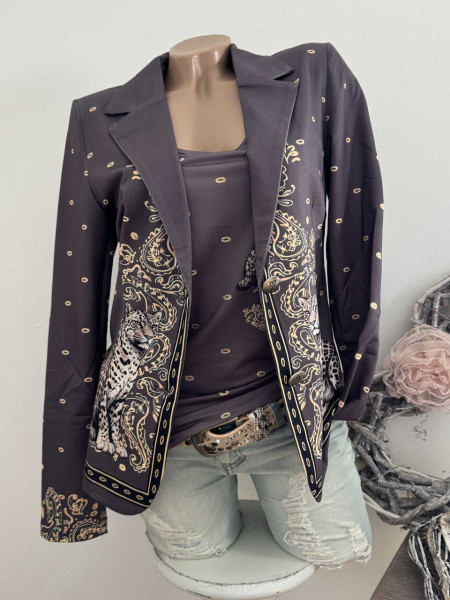 Blazer MISSY L 40 Jackett dunkelgrau Leopard & Paisley Print NEU Glitzersteinchen