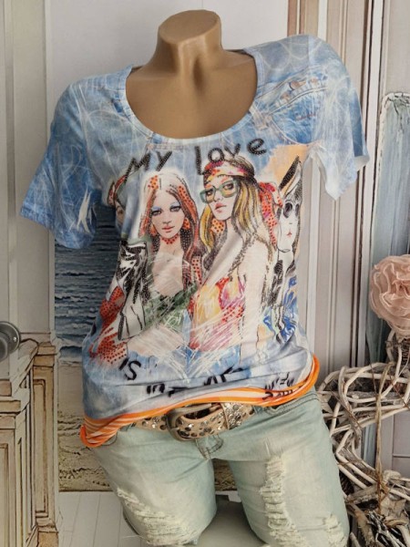 MISSY L 40 T-Shirt Rundhals Tunika Spruch "meine Liebe ist unendlich" Fashionprint jeansprint Neu Ni