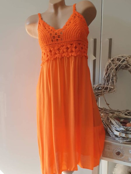 Trägerkleid orange Tunika Sommerkleid Häkelkleid Made in Italy Kleid Häkeleinsatz 36-40