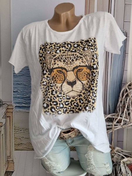 Tunika Leopard mit Brille Neu Nieten Shirt Made in Italy T-Shirt Glitzer 36-40