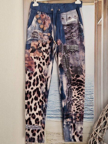 Hose L 40 Joggpants MISSY Leo Jeans Ketten Patches Strickprint Nieten Neu