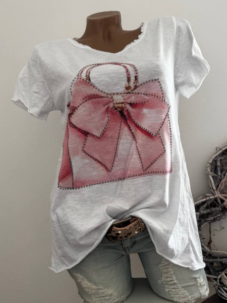 T-Shirt Shirt 36 38 40 42 Handtasche Fashion Italy Glitzernieten NEU weiss