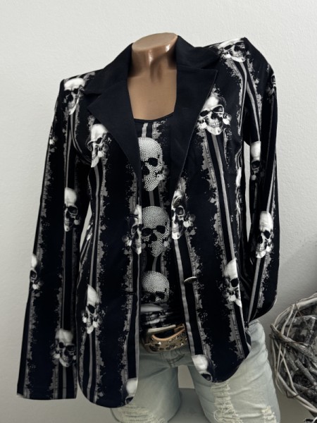Blazer Jackett MISSY XL 42 Kurzblazer schwarz weiss kleine Totenköpfe Skull Motive Glitzer Nieten Ne